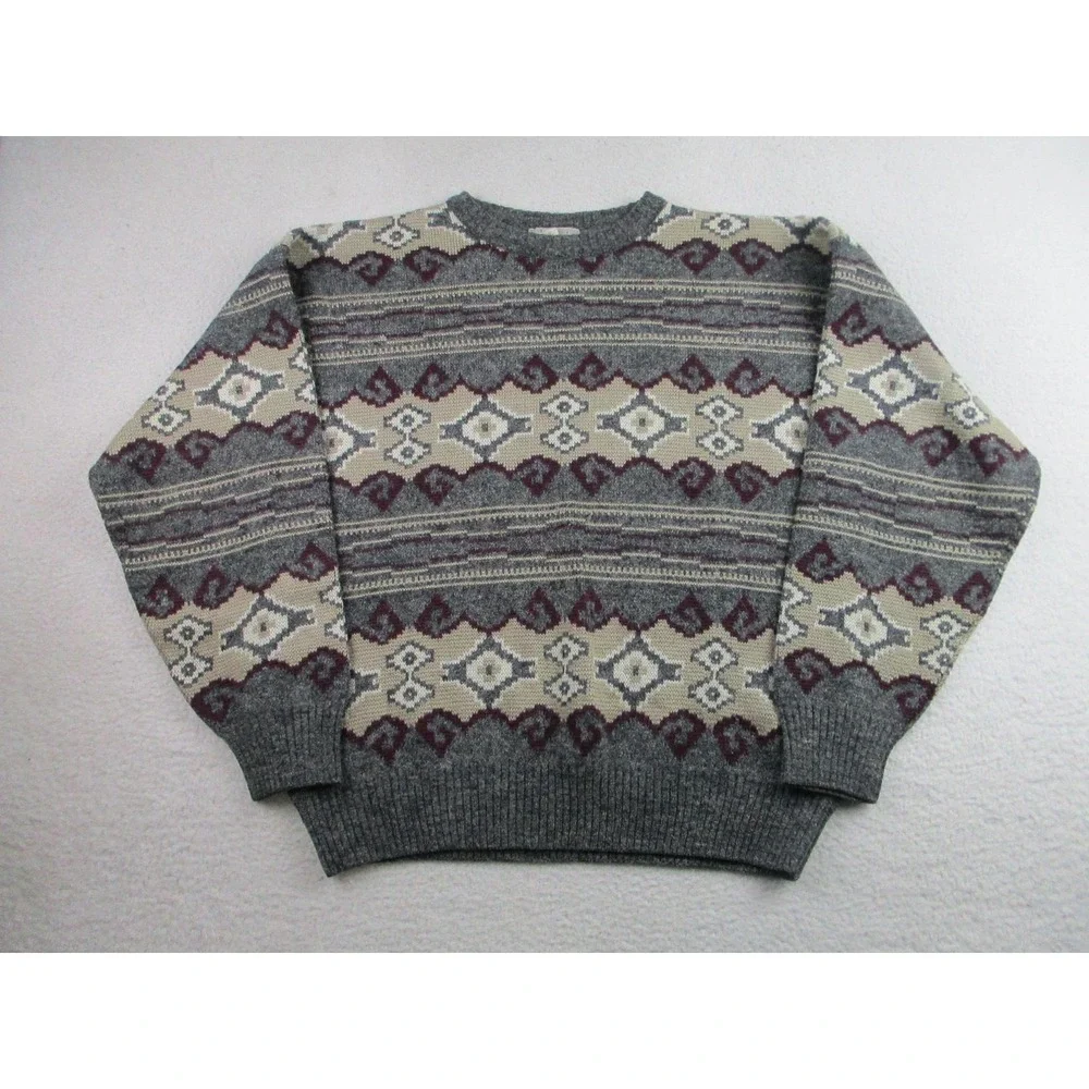 Tosani Sweater Mens Large Gray Cream Wool Alpaca Blend Crewneck Knit Pullover